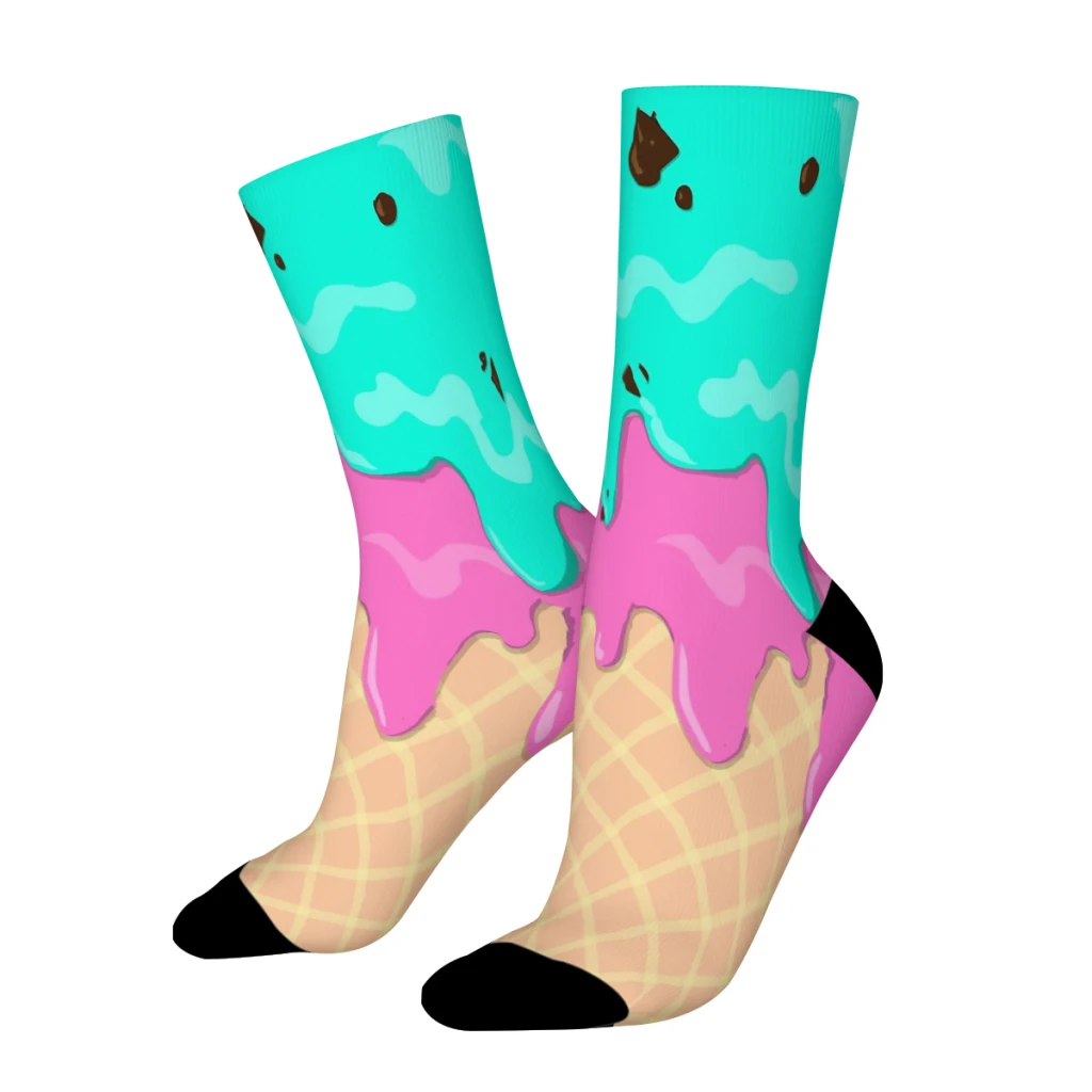 Melting Ice Cream in a Cone with Mint Chocolate and Strawberry Happy New Year Straight Socks Male Mens Women  Stockings