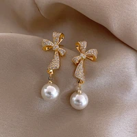 2022 new luxury bows pearl dangle earrings korean fashion charm womens earring rhinestones jewelry girls party drop accessories