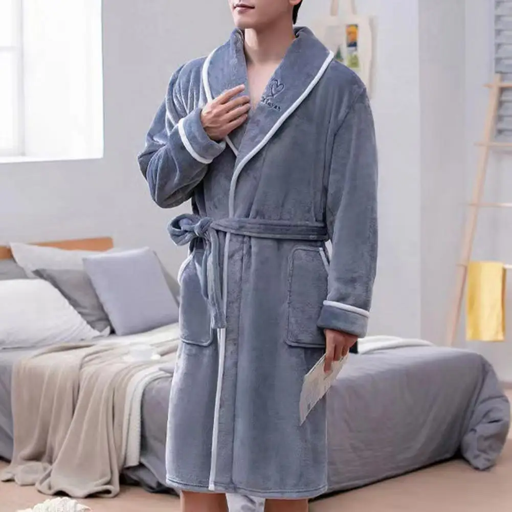 

Winter Bathrobe Lengthened Fleece Pockets Thicken Soft Keep Warm Contrast Color Turn-down Collar Winter Nightgown for Home