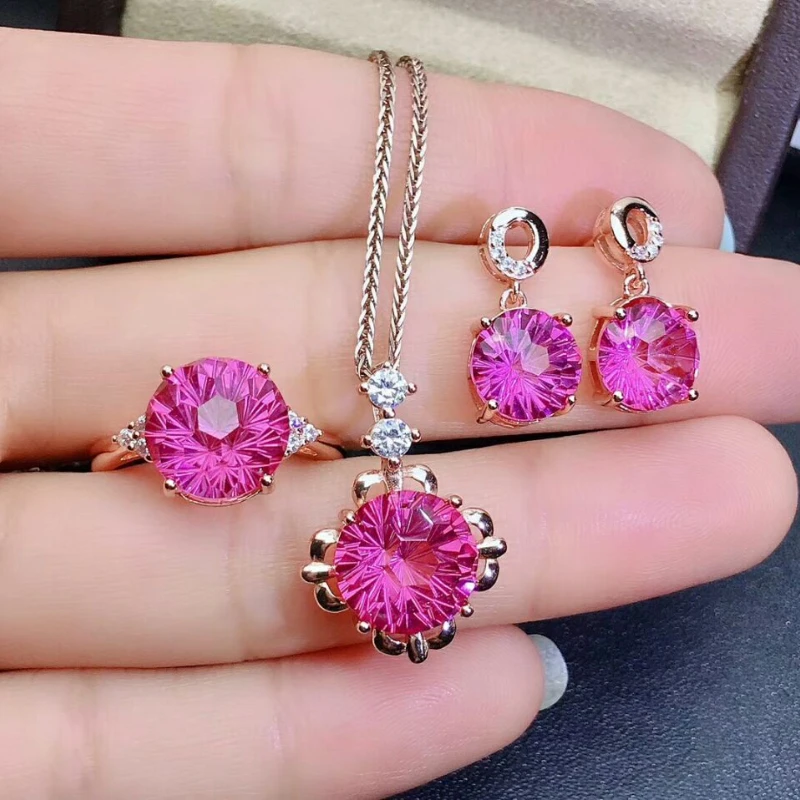 Natural Amazing Pink Topaz Gemstone Flower Jewelry Set 925 Pure Silver 3 Pieces Suit Wedding Jewelry for Women