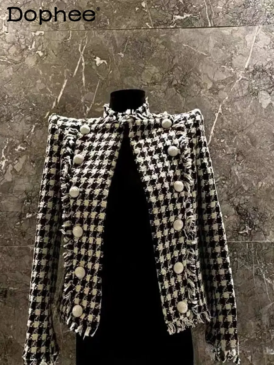 

Retro Plaid Short Tweed Coat Women Autumn Winter New Clothes Korean Tassel Streetwear Double Breasted All-Matching Woolen Jacket