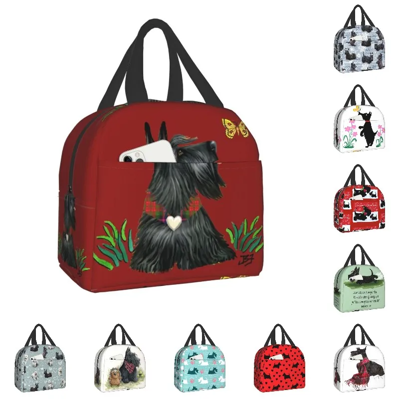 Scottish Terrier Watching A Butterfly Thermal Insulated Lunch Bag Women Scottie Dog Resuable Lunch Tote Multifunction Food Box