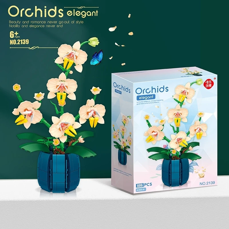 

Bouquet Potted Building Blocks Moth Orchid Home Desktop Decoration Puzzle Flower Toy for Childrens Creative Holiday Gift