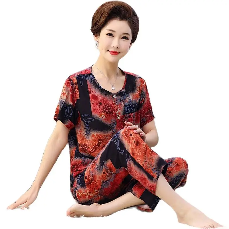 

Women's Cotton Underwear Loungewear Pajamas Set Rond-Neck Short Ankle - Lergth Pants Thin Red Black and Blue Alphabet Printed