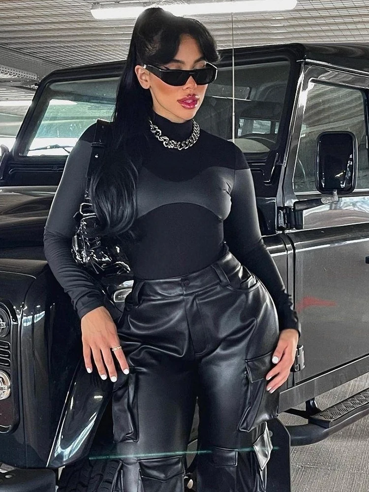 Женское боди из ПУ кожи Bolopi облегающее с длинным рукавом в стиле пэчворк Клубное