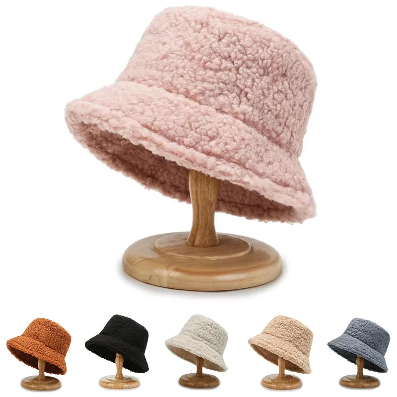

Women's Lamb Wool Bucket Hat Men Autumn Winter Solid Basin Thickened Warm Cold-proof Panama Hats Teddy Plush Fisherman Hat Bob