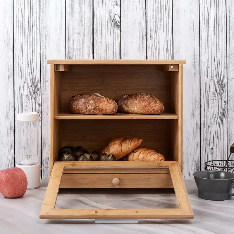 

Large Capacity Bamboo 2 Layer Bread Boxes with Removable Transparent Front Window and Tool Drawer, Perfect Bread Keeper For For