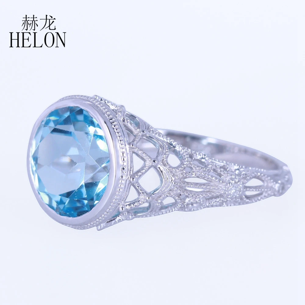 HELON Solid 14k 10k White Gold Round 10mm Flawless Blue Topaz Diamonds Art Deco Vintage Fine Jewelry Engagement Ring Women Gift