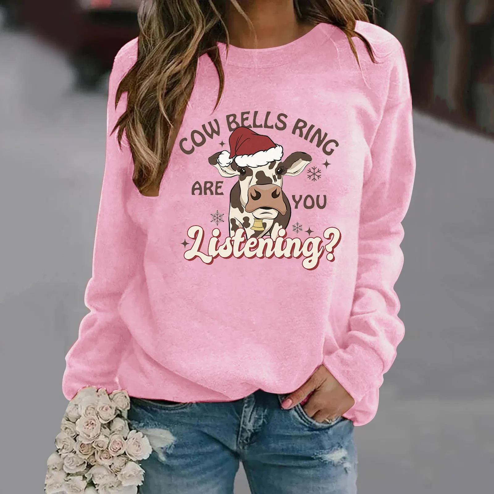 

Womens Christmas Pattern Autumn/Winter Loose Top Solid Drop Shoulder Sleeves Hatless Pullover Top Sweatshirt