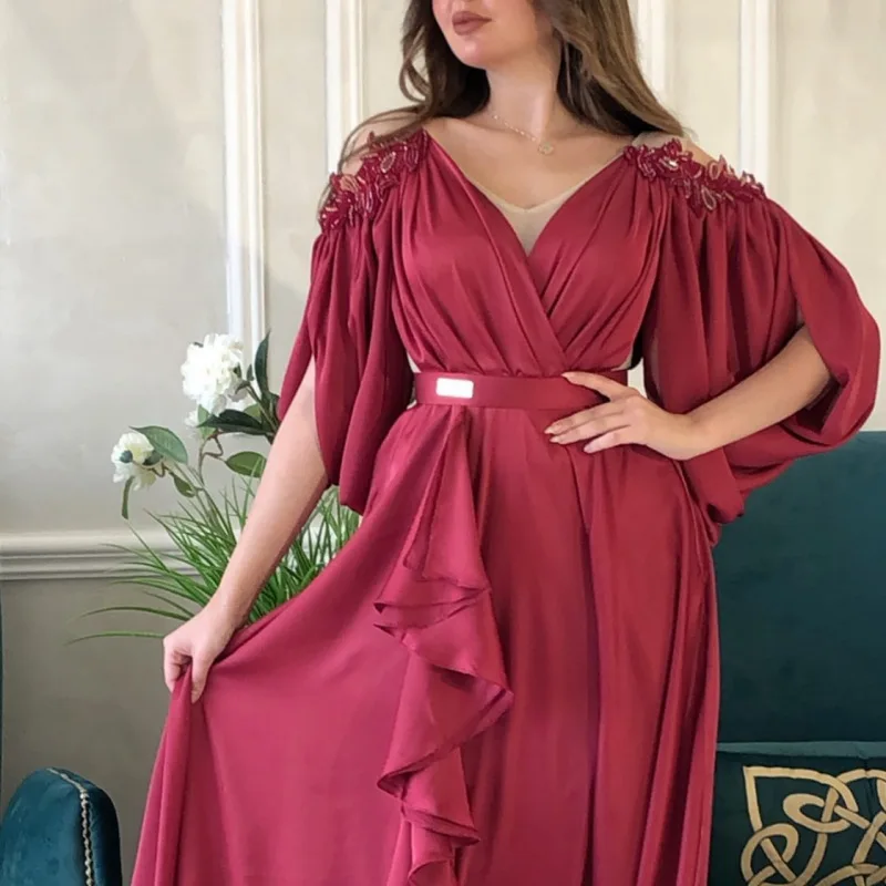 PLEINDI Luxury Evening Dress V-Neck A-LINE Half Sleeves Ankle Chiffon 2022 New Burgundy Exquisite Cut-out Dresses for Women