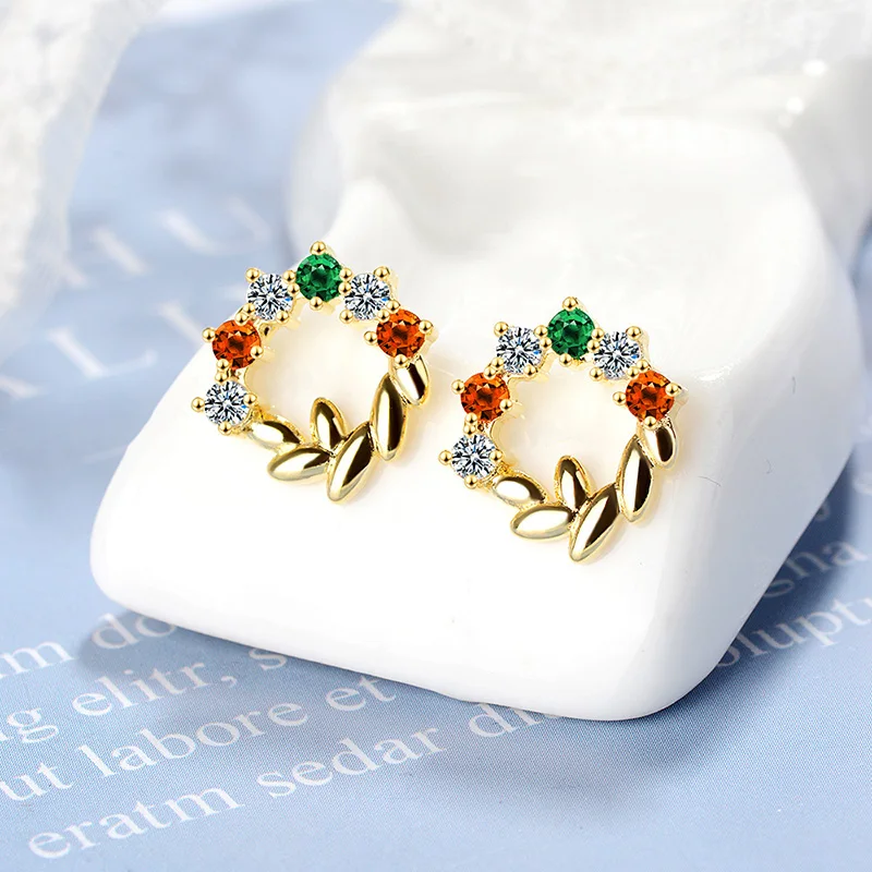 Women's Fashion Flower Stud Earrings Colorful Crystal Zircon Romantic Leaf Garland Female Trendy Charm Wedding Earring Jewelry