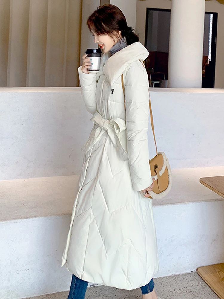 New Winter Warm Long Coat With Rhombus Pattern Casual Sashes Jacket Women Deep Pockets Parkas Big Collar Outerwear Parka