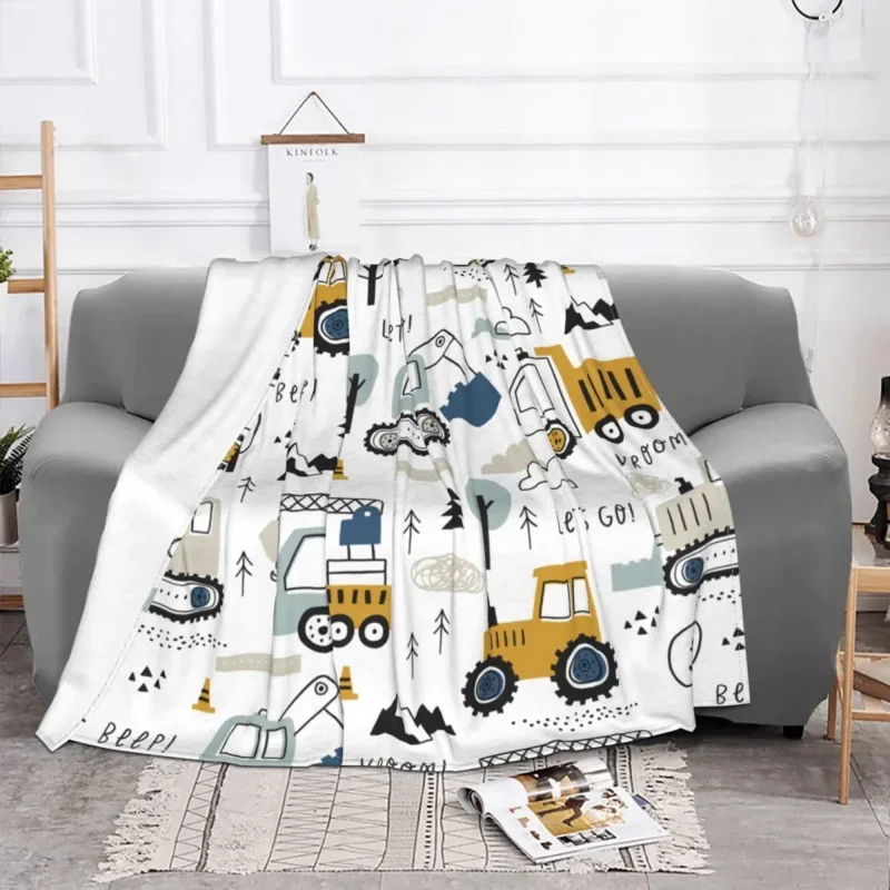 

Cartoon Truck Excavator Flannel Decoration Backhoe Cranes Equipment Soft Throw Blankets For Bed Couch Bedding Throws