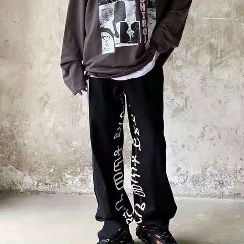 

Letter Embroidery Pockets Retro Couple Denim Pants High Street Oversize Harajuku Loose Couple Jeans Trousers