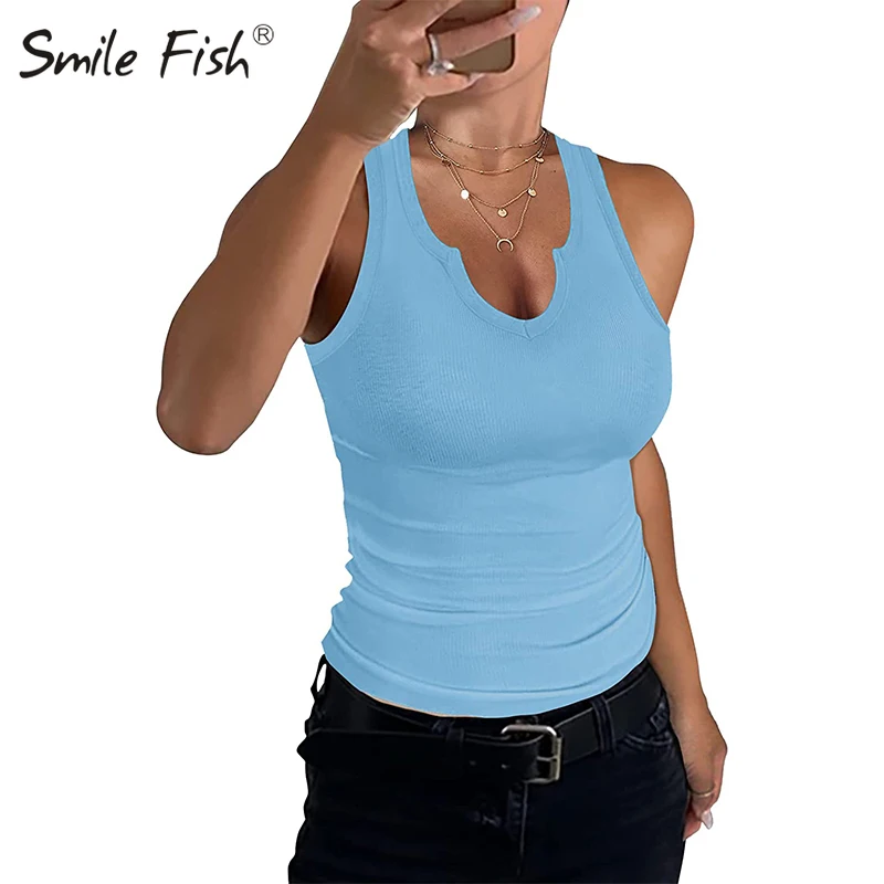 

Sexy Sleeveless T-Shirt Women Clothing 2023 Summer New Slim Thin Solid Half-Open Small V Neck Vest Tank Top Fashion Camis G2735