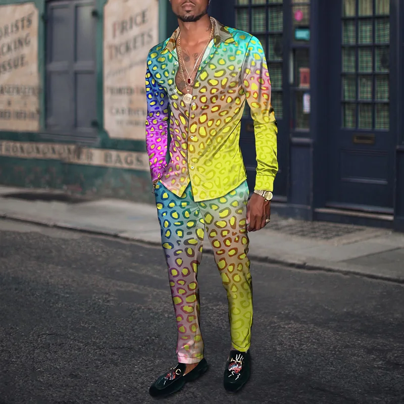 New Spring Autumn Men's Latest Leopard 3D Print Long Sleeve Shirt with Casual Pants 2 Piece Combination Suit Party Everyday Wear