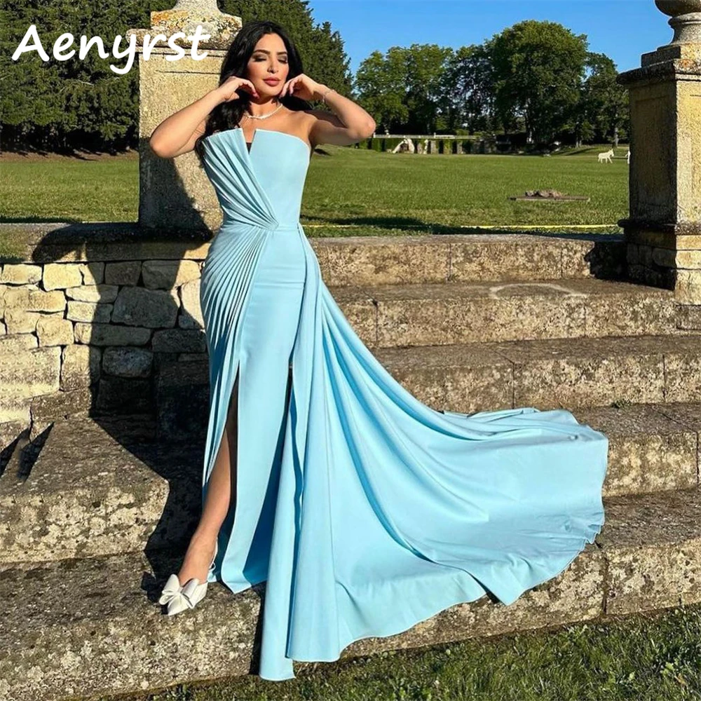 

Aenyrst Sky Blue Strapless Mermaid Saudi Arabia Cocktail Dresses Satin Split Pleat Evening Gowns Floor Length Dinner Party Dress