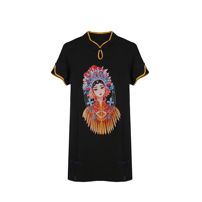 Черное Восточное короткое платье чонсам китайское халат Ципао винтажная Женская