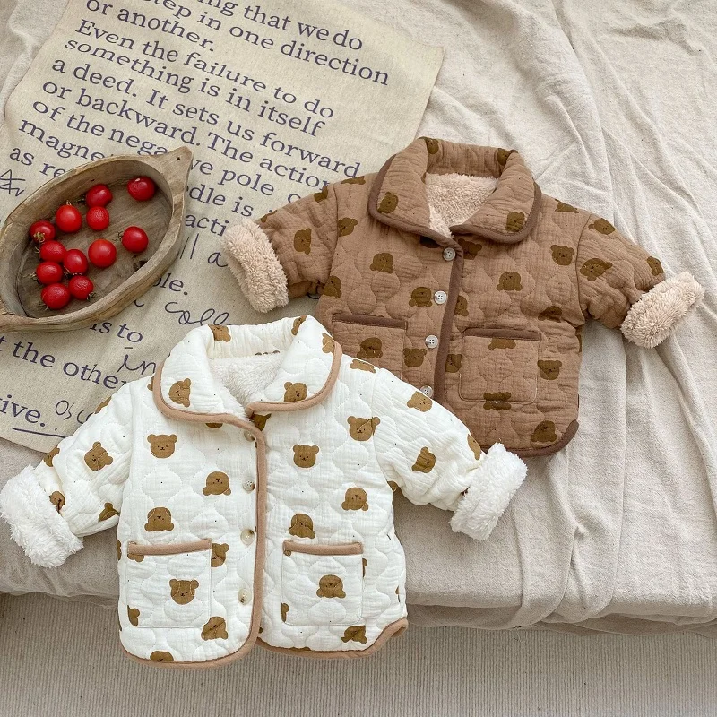 

Newborn Baby Winter Coat 0-3Years Infant Boy Girl Bear Pattern Velvet Down Jacket Thincken Warm Outerwear Kids Padded Clothes