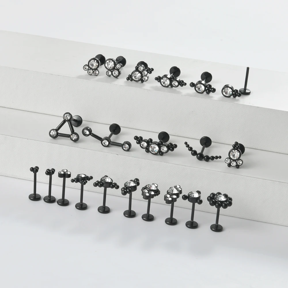 Кольцо для губ черное стальное с фианитом пуш-ап без резьбы Кристальный кластер