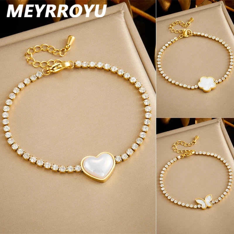 Женский браслет с цирконом MEYRROYU из нержавеющей стали 316L разноцветным сердцем 2024