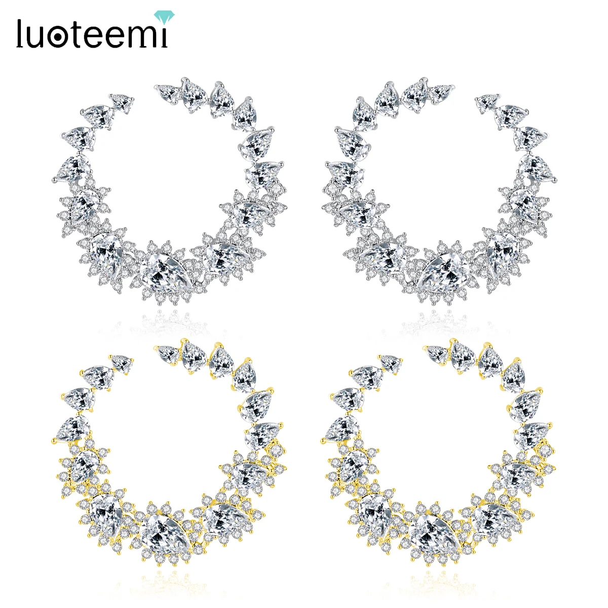 

LUOTEEMI Luxury Big Round Clear Stud Earrings for Women Flower Circle Clear Crystal Jewelry Bridal Wedding Jewelry Pendientes