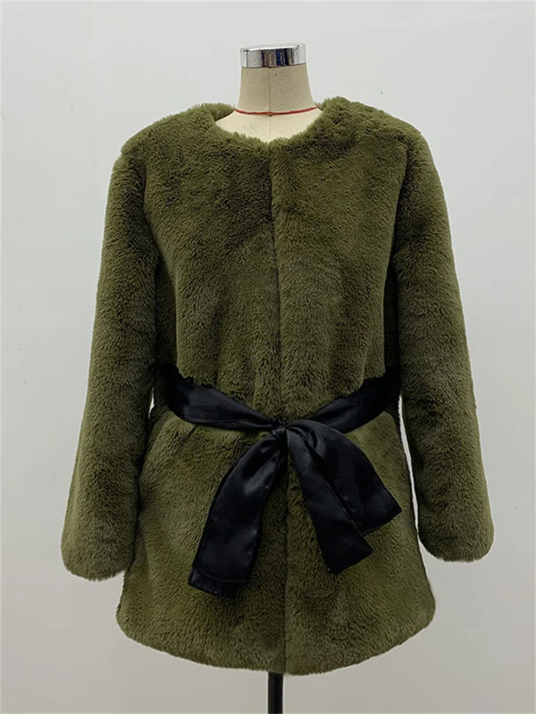 Autumn And Winter New Faux Fur Coat Women Korean Style Warm Casual Round Neck Long Sleeve Coat Female Elegant Lace-up Bow Tops