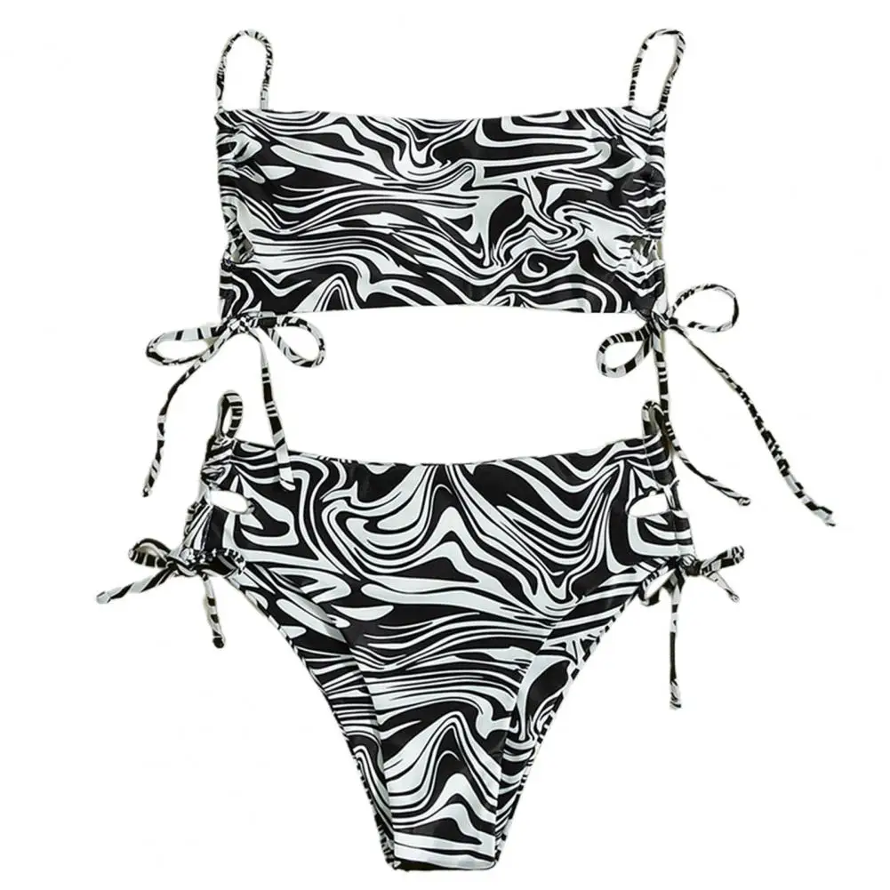 

Popular Summer Bikini Lightweight Girls Swimming Suit Wireless Striped Print Side Bandage Female Swimming Suit Breathable