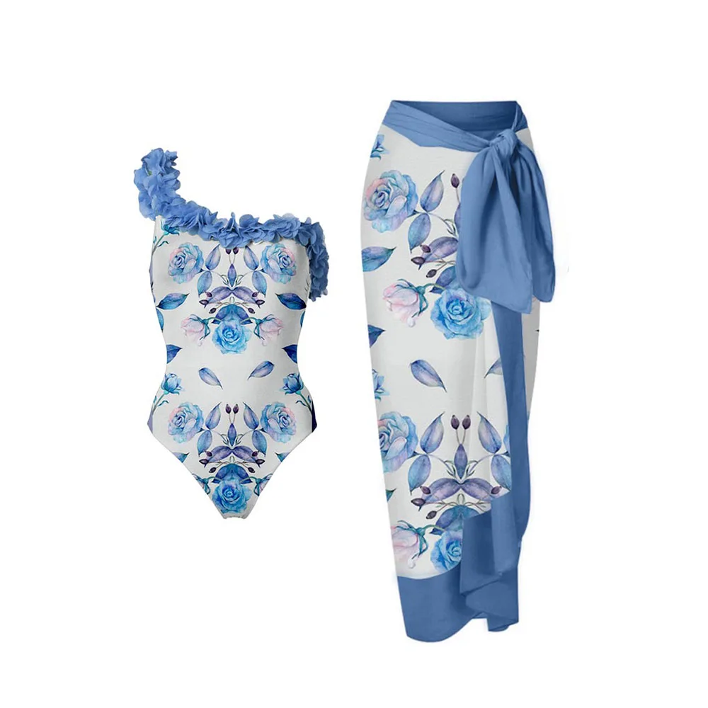 

Floral Printed Petal Trim One Piece Swimsuits & Cover Knee Skirt One Shoulder Chic Luxury Swimwear High Waist Monokini Thong