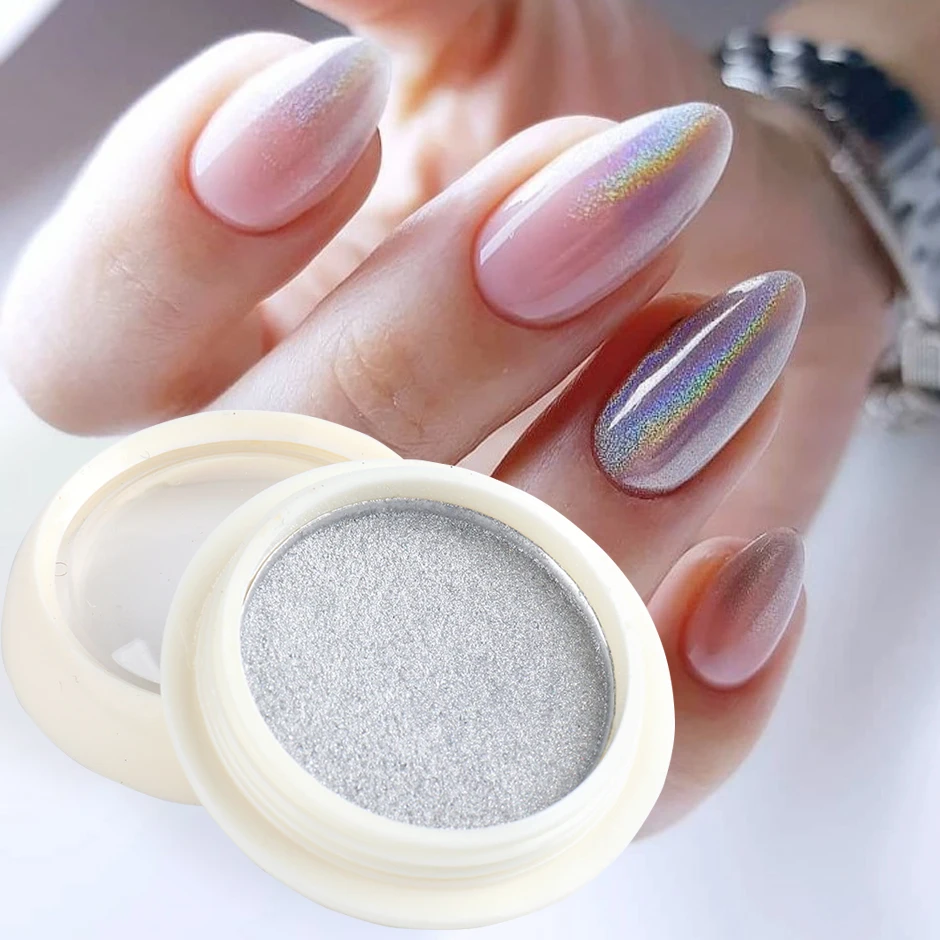 Голографические Твердые Ногти Блестящий Порошок Лазерный Серебристо-Розовый