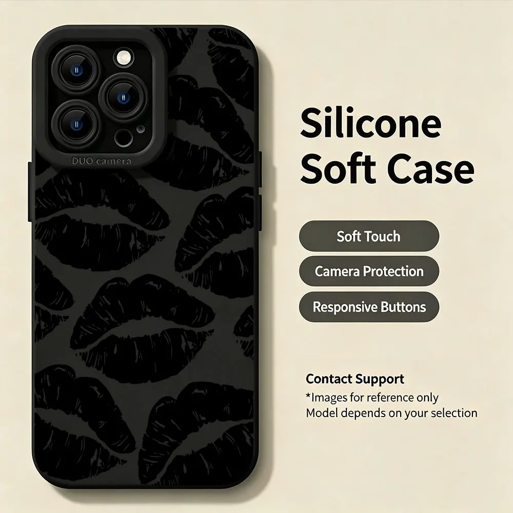 Чехол для телефона с ремешком для iPhone 17 16 15 14 Pro Max 13 12 11 X XS XR 15 16 14 7 8 Plus 16E 17E, противоударный, в стиле Y2K, с черными губами, чехол-накладка (art.: 3920dc46ec254) - 3920dc46ec254