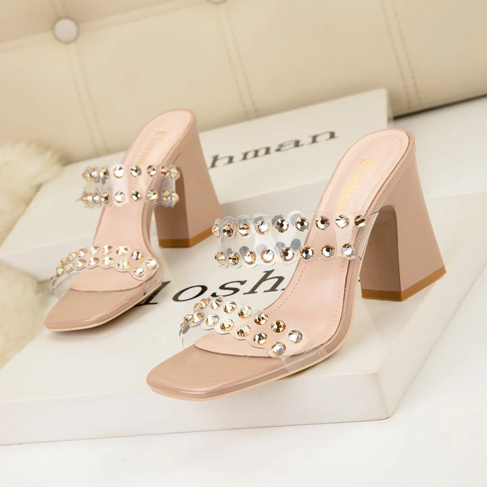Banquet heels women's shoes block heeled high heel rhinestone slotted strap transparent sandals
