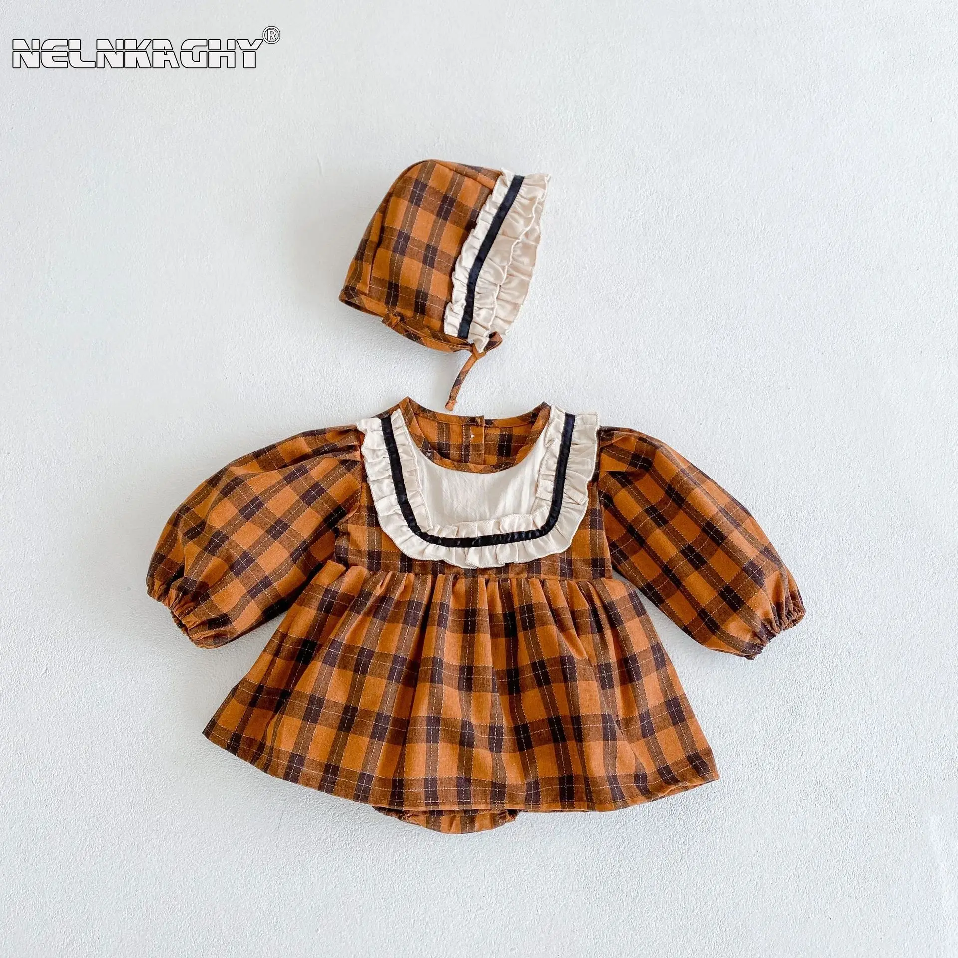 

2023 Autumn Spring Newborn Baby Girls Full Sleeve Ruffles Plaid One-piece Infant Kids Cotton Jumpsuits Toddler Bodysuits+hat
