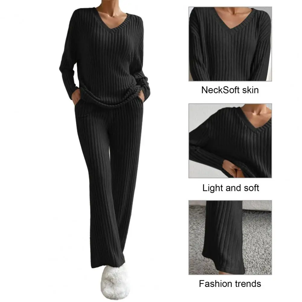 

V-neck Pajama Set Cozy Knitted Sweater Pants Set Stylish V Neck Loose Fit Elastic Waist Pockets Homewear for Fall/winter Winter