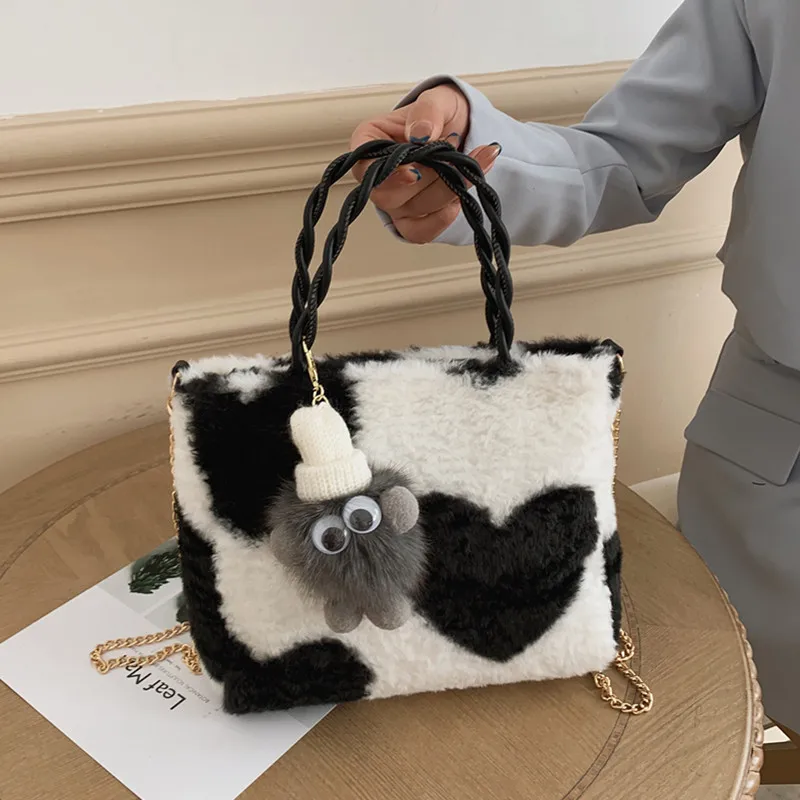 

Warm Plush Tote Bags for Women New Winter Soft Faux Fur Shoulder Bag Female Fluffy Messenger Handbag Ladies Chain Crossbody Bag
