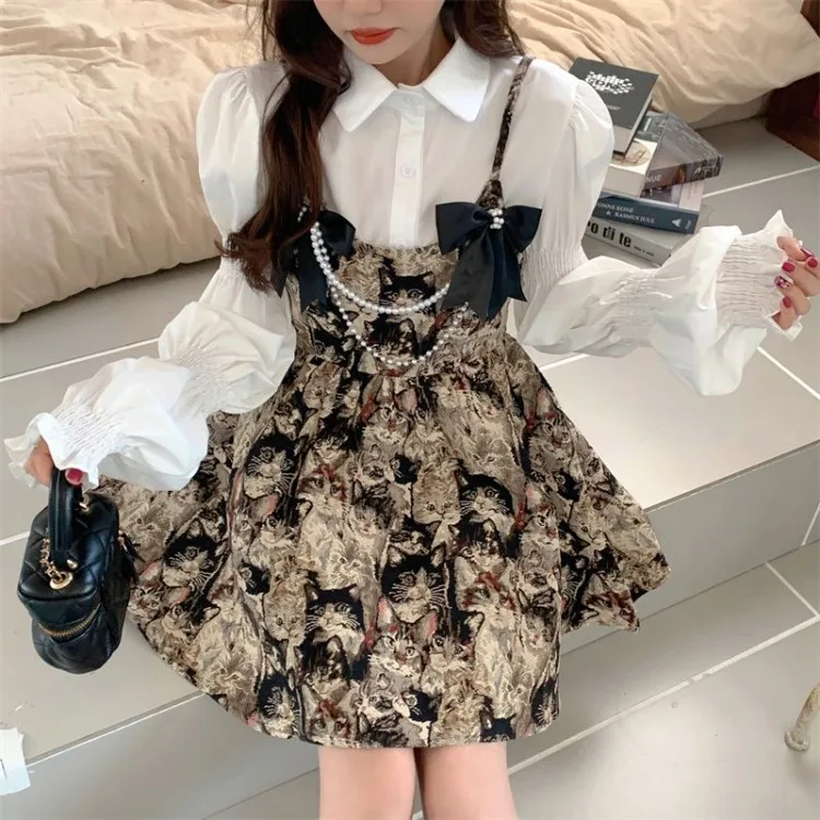 

Модные простые белые рубашки с пышными рукавами для женщин + Y2k E-Girl облегающее платье на бретелях с цветочным принтом на талии 2023 Осенние новые комплекты из двух предметов