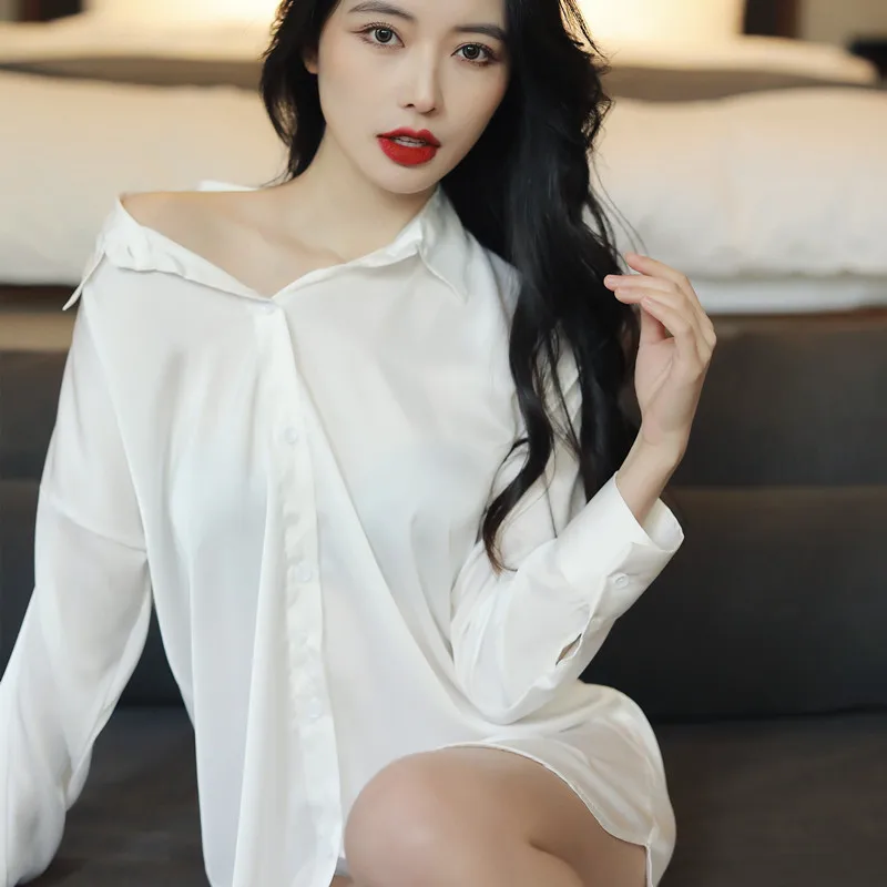 Women's Pajamas Summer Sexy Lure Hot Cardigan Shirt Nightdress Ice Silk White Long Sleeve Sleepwear Thin  Nightgowns for Women