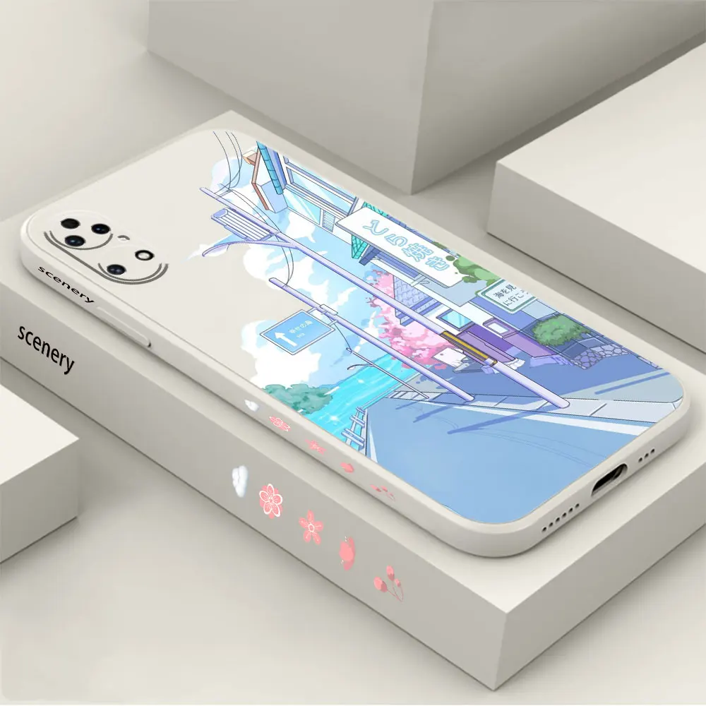 Japan Anime Scenery Landscape Phone Case For Huawei P60 P50 P40 P30 P20 Mate 50 40 30 20 20X 10 Colour Liquid Silicone Cover