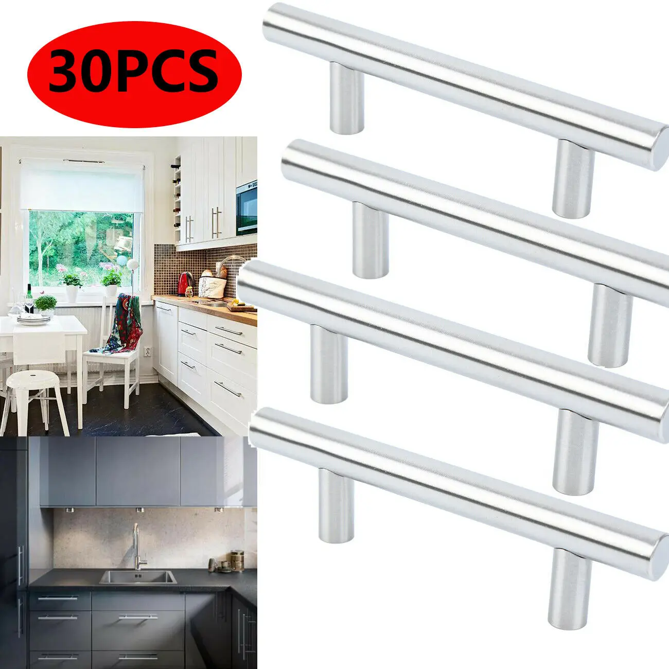 

30 Pack Kitchen Cabinet Door Handles Set Modern Satin Nickel Stainless Steel