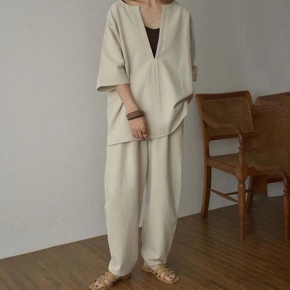

Two Piece Sets Solid Color V Neck Shirt Trousers Two Piece Urban Fashion Loose Casual Pants Suit Women Japan Korean Summer 2022