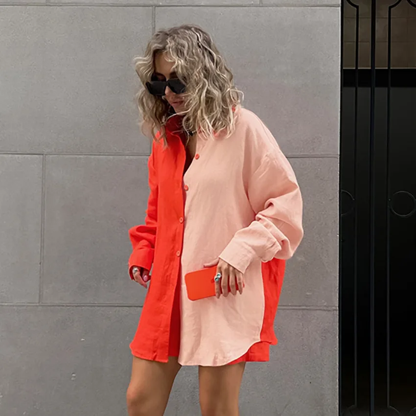 Повседневная Свободная рубашка, контрастный цвет, рандомный цвет, модель 2023 года, летний комплект с прямыми шортами, женская одежда для дома