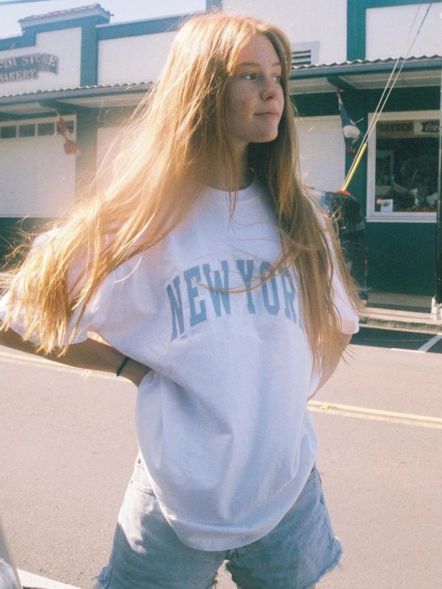 

New York Embroidery Oversize T-shirt Women Fashion Cotton Short Sleeve Tee Shirt Summer Loose Casual Streetwear Y2k T Shirt 2023
