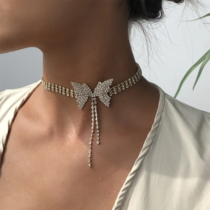 

Women Rhinestone Butterfly pendant necklace Bow Short Choker Fashion Charms Trendy Choker Neck Chain Women Girls Jewelry