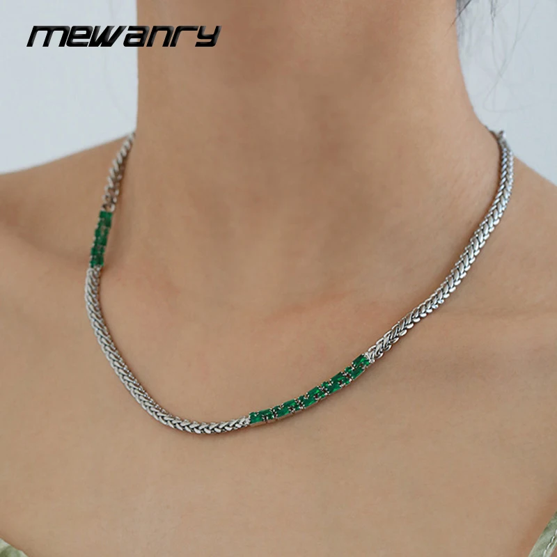 

Mewanry Silver Color Snake Chain Sweater Necklace Party Jewelry for Women Trendy Sparkling Green Zircons Wedding Accessories