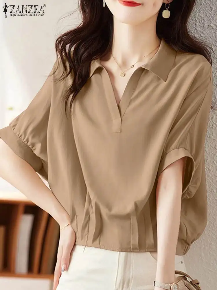 

Elegant Summer Blouse Women Fashion Solid Loose Shirt ZANZEA Casual OL Work Tops Tunic Female Lapel Neck Half Sleeve Party Blusa