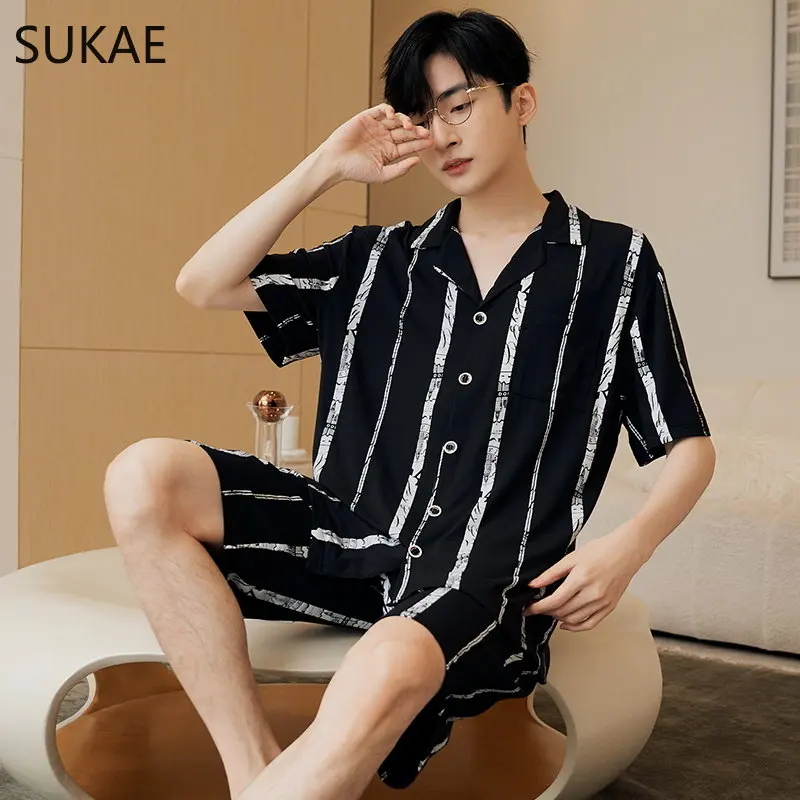 SUKAE Summer Modal Cardigan Sleepwear for Man Fashion Man's Casual Turn-down Collar Shorts Chic Design Boys Pijamas Homewear Set