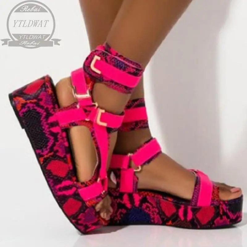 

2022 Size 43 Summer Flat Platform Multi Colors Snake Printed Gladiator Sandals Shoes Women Sandalias Mujer Calzado