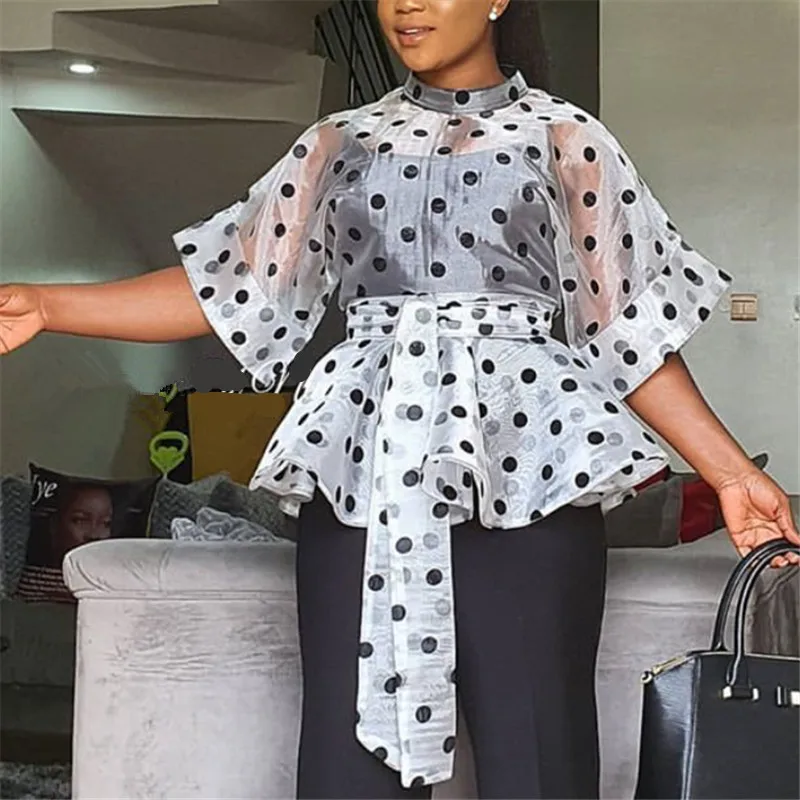 

Shirt Blouses Polka Dot Peplum See Through Thin Transparent Half Flare Sleeves Waist Belt Autumn Sexy Women's Fashion Blouses