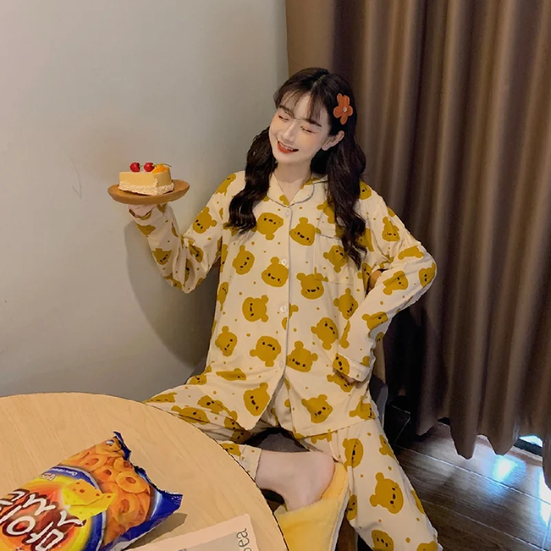 

Pajamas Women's Spring and Autumn Long Sleeve Korean Style Sweet and Fresh Student Autumn Homewear Suit Autumn Loose Bear Head