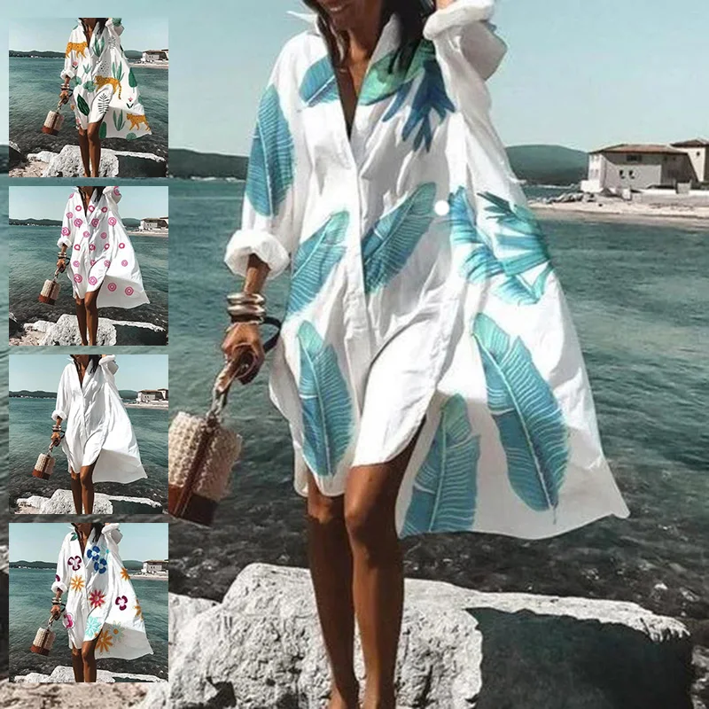 

Casual Turn-down Collar Print Loose Beach Shirt Dress Long Sleeve Harajuku Dresses 2022 Summer Plus Size Women's Vintage Dress